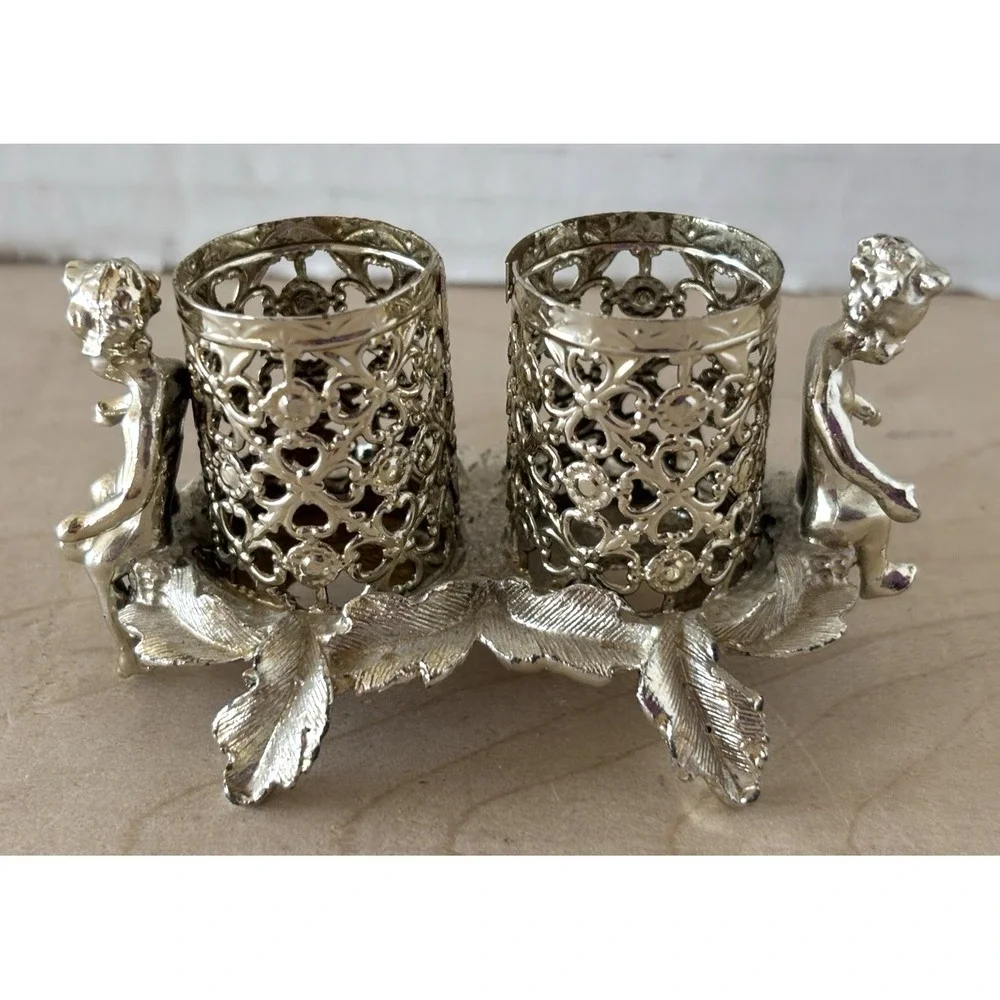 Vtg Sam Fink Lipstick Holder Hollywood Regency Double Cherub Silvertone Filigree